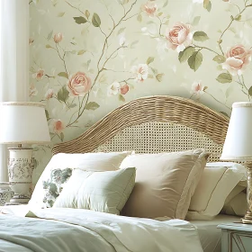 Floral Bedroom Interior with Wicker Headboard