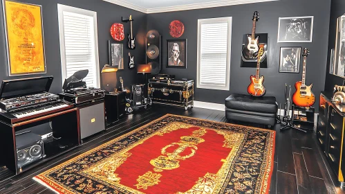 Cozy Music Room with Red Carpet