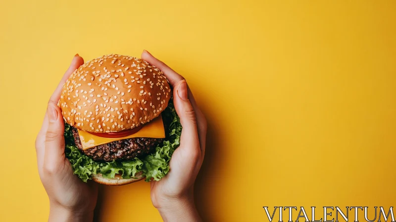 Hand-Held Cheeseburger with Fresh Ingredients AI Image