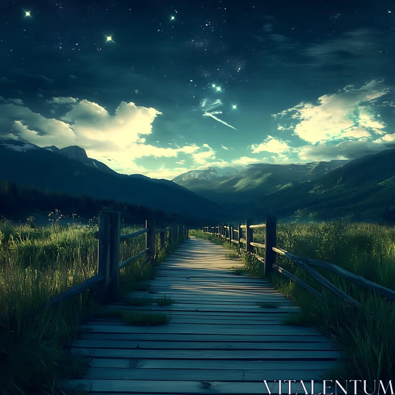 Starlit Mountain Landscape with Wooden Path AI Image