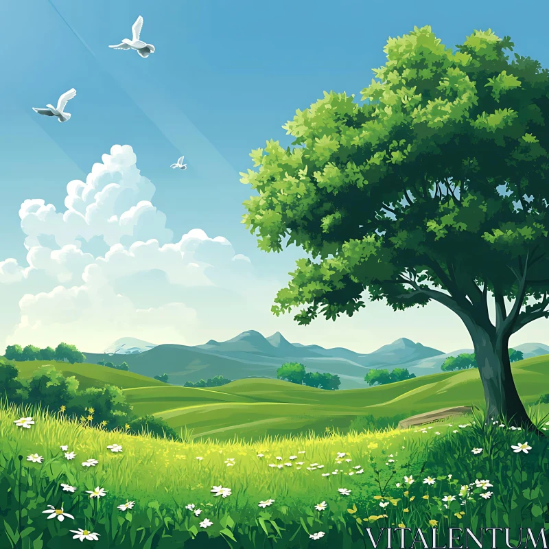 AI ART Green Field and Blue Sky Scene