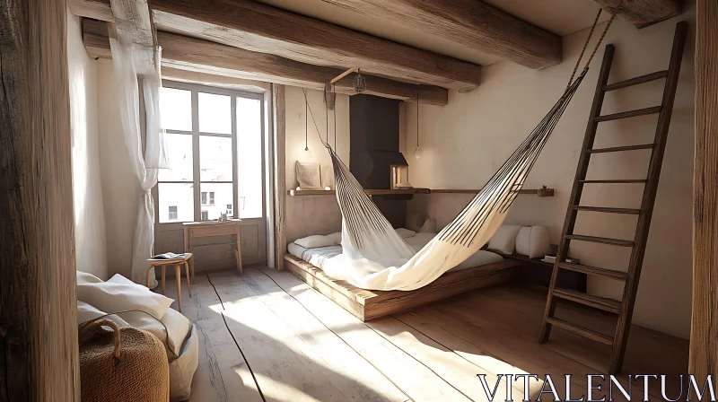 Sunlit Interior with Hammock and Ladder AI Image