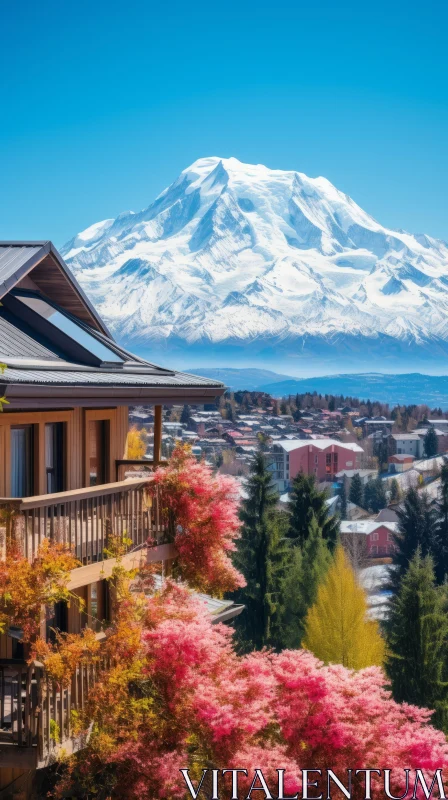 Colorful Trees on House Roof with Majestic Mountain View AI Image