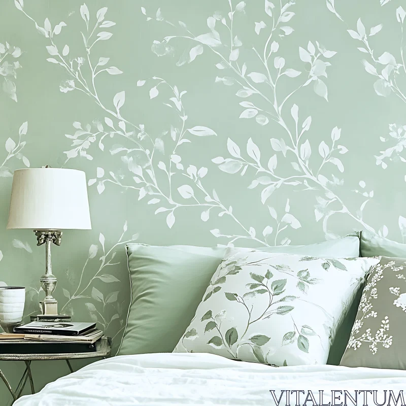 AI ART Green Bedroom with Leaf Design