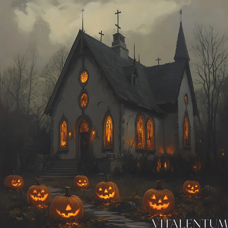 Spooky Church Scene with Jack-o'-Lanterns AI Image