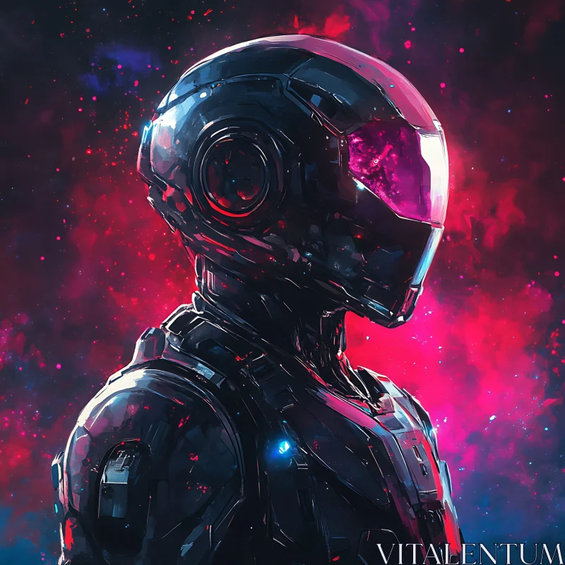 Cyborg in Space with Vibrant Nebula AI Image