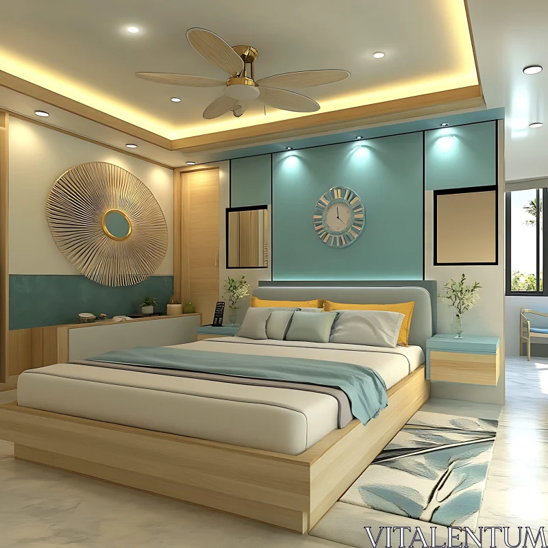 AI ART Modern Bedroom with Blue Accents