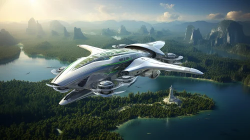 Emerald & Silver Spaceship Above Forest: Fusion of Future & Nature