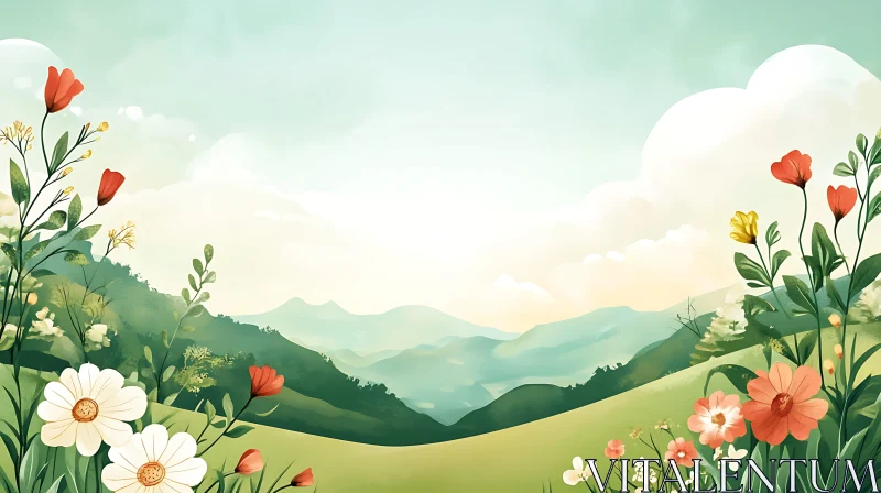 Pastoral Landscape Painting with Rolling Hills AI Image