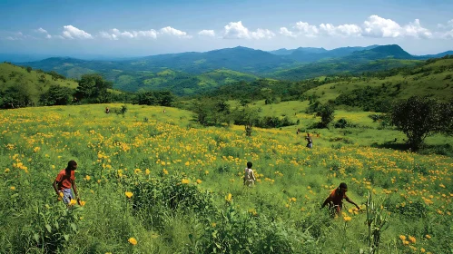 Yellow Flowers Field, Green Hills, People