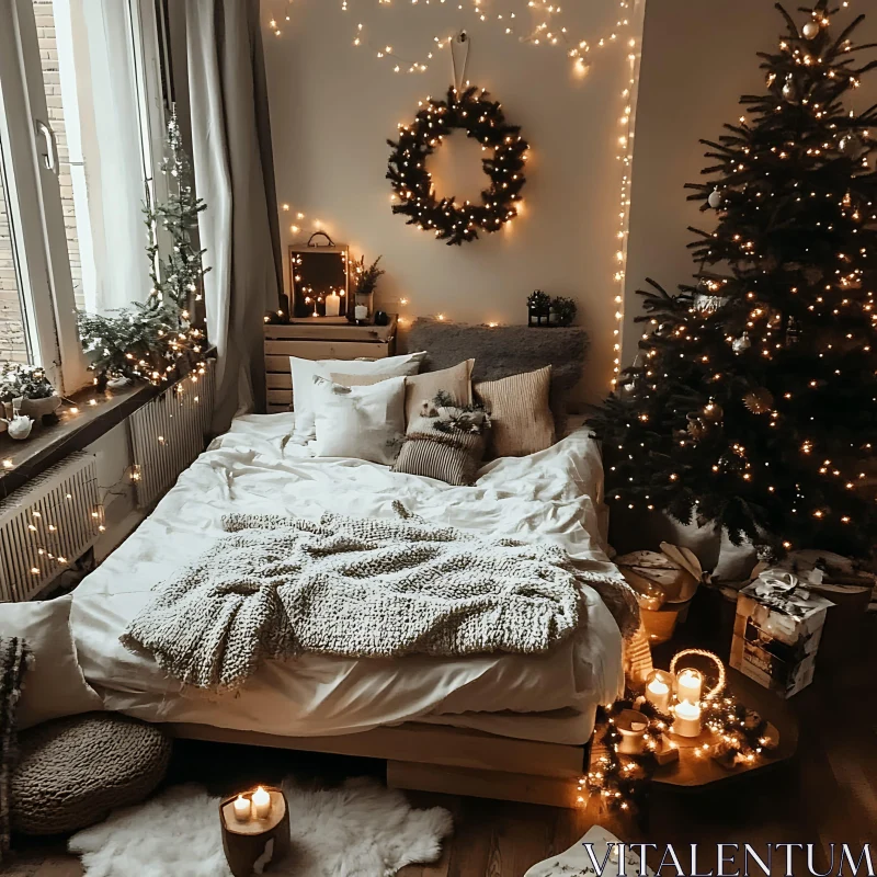 AI ART Festive Bedroom with Christmas Decorations