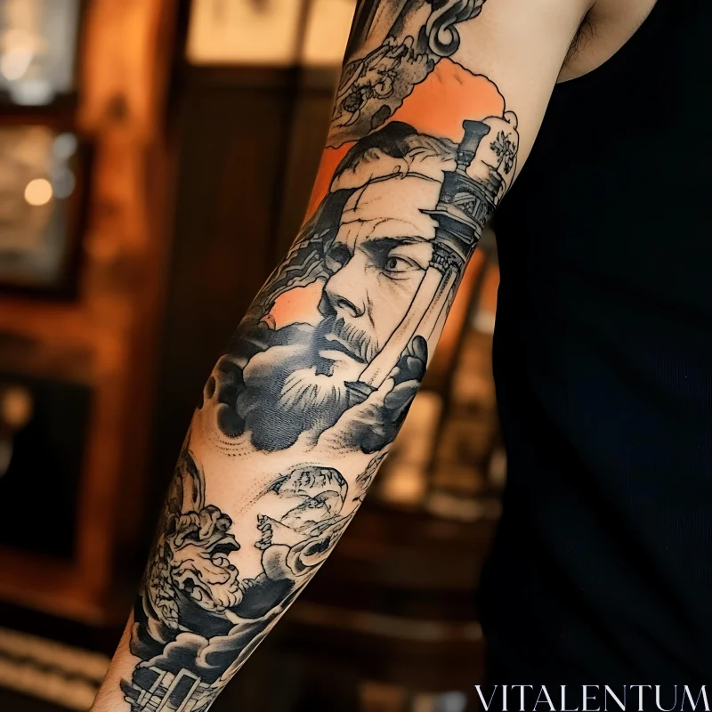 Detailed Realism Tattoo of a Bearded Man AI Image