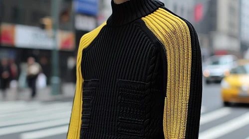 Fashion: Person wearing a black and yellow sweater in a city street
