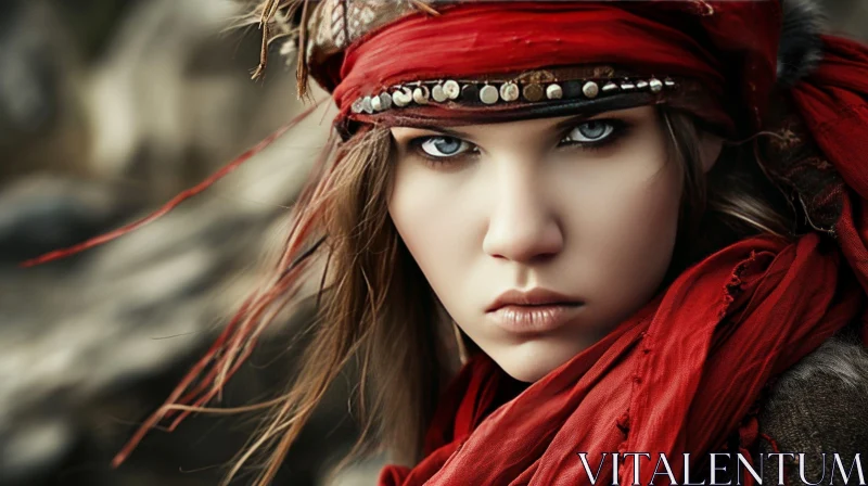 Serious Expression of a Beautiful Woman with Brown Hair and Blue Eyes AI Image