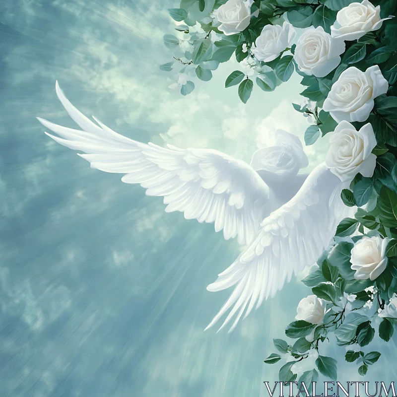 Ethereal Angel Wings Among White Roses AI Image