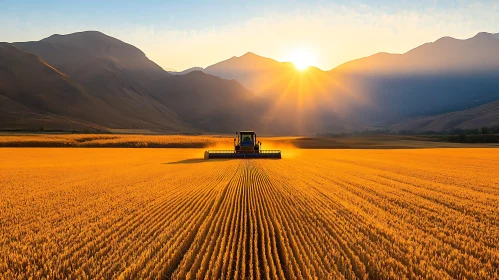 Tractor at Work in Golden Field