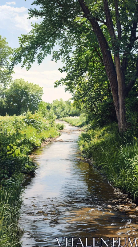 Serene Stream Surrounded By Foliage AI Image