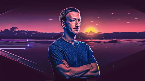 Mark Zuckerberg in Neon Sunset Landscape