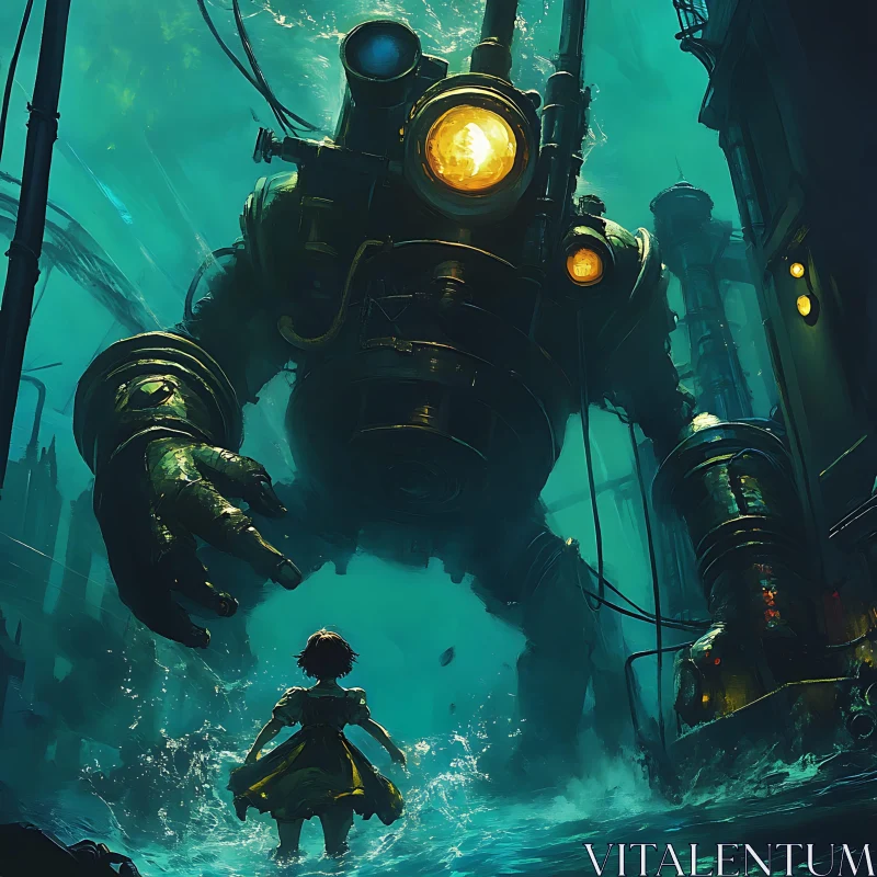 Underwater Confrontation: Child and Giant Robot AI Image