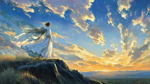 Serene Angel Overlooking Sunset Landscape