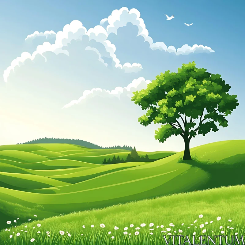 AI ART Rolling Green Hills Under Blue Sky