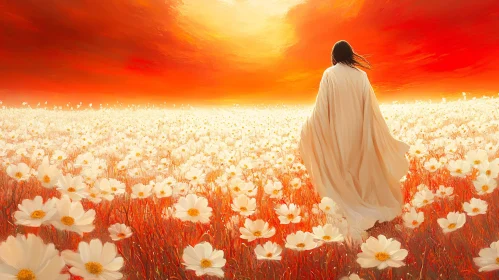 Person Walking in Field of Flowers