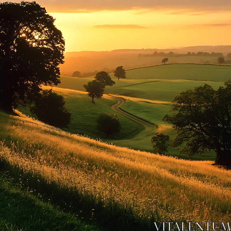 Tranquil Sunset Field Scenic View AI Image