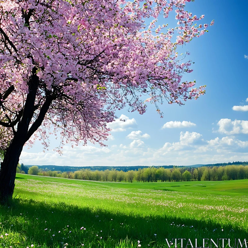 AI ART Pink Blossoms in a Green Field