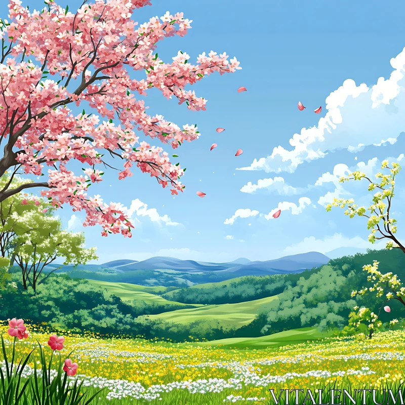 AI ART Spring Blossom Field with Distant Mountains