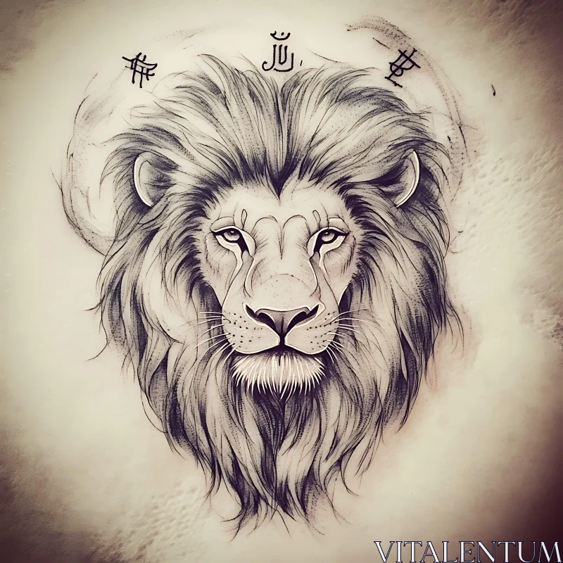 Lion Tattoo Art with Symbols and Fine Linework AI Image