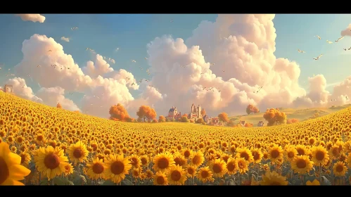 Golden Sunflowers and Distant Castle