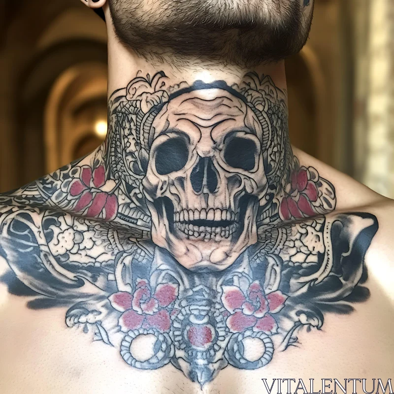 Detailed Skull Neck Tattoo with Floral Accents AI Image