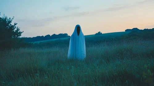 Ghostly Figure in Rural Landscape