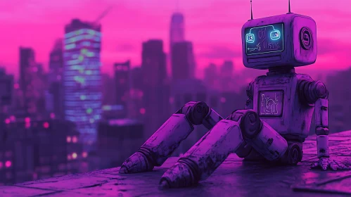 Pensive Robot Overlooking City at Night