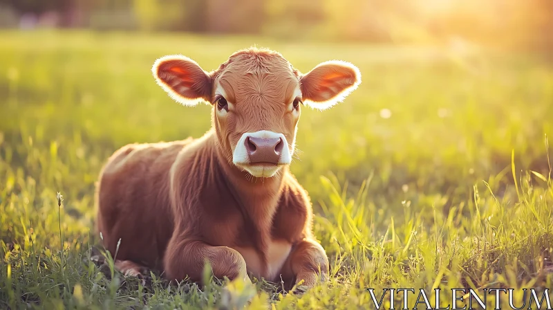 Peaceful Calf Resting in Field AI Image