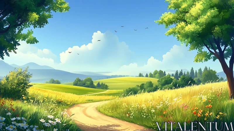 Golden Meadow Landscape with Winding Path AI Image