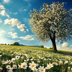 Daisy Field with Blossoming Tree