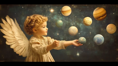 Celestial Child with Planets in Universe