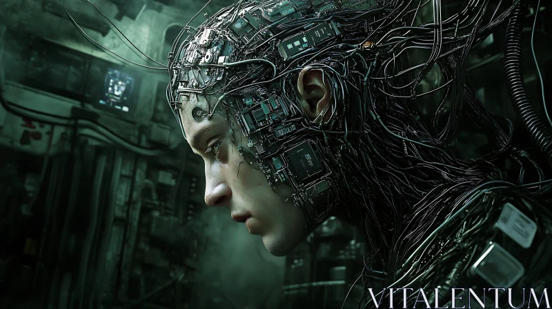 Intricate Cyborg Technology in a Dim Industrial Setting AI Image