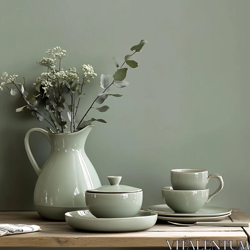 Serene Green Ceramic Still Life AI Image