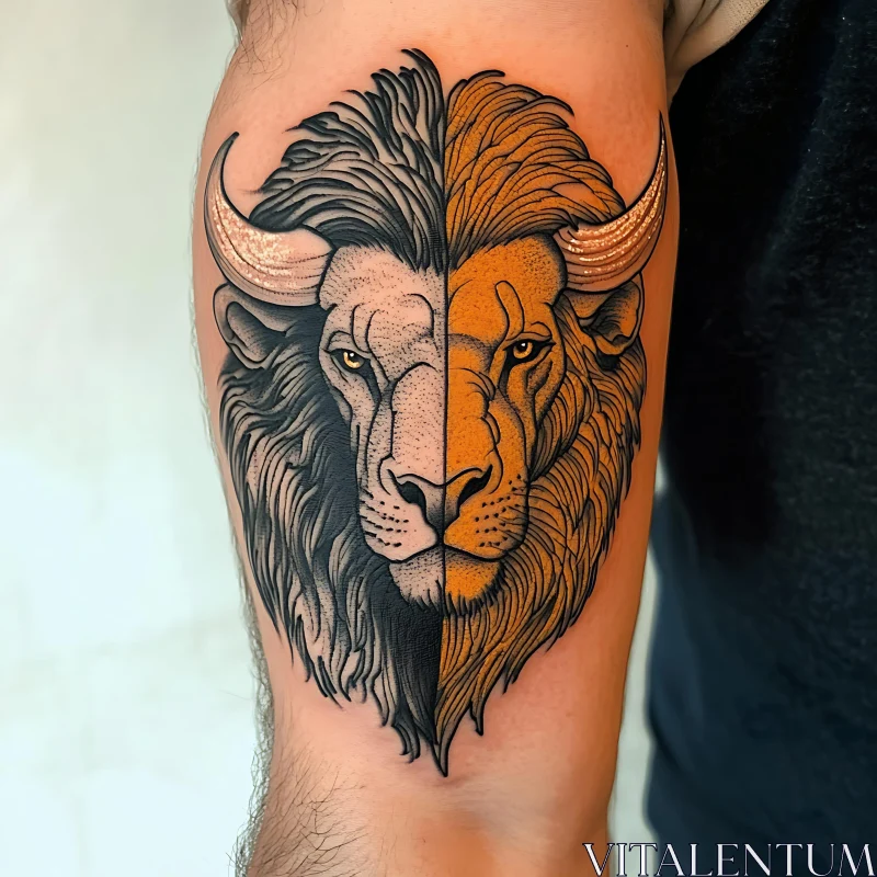 Arm Tattoo Featuring Lion and Buffalo Fusion AI Image