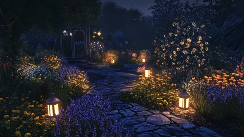Illuminated Floral Path at Night