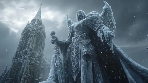 Icy Angel and Gothic Spire in Winter