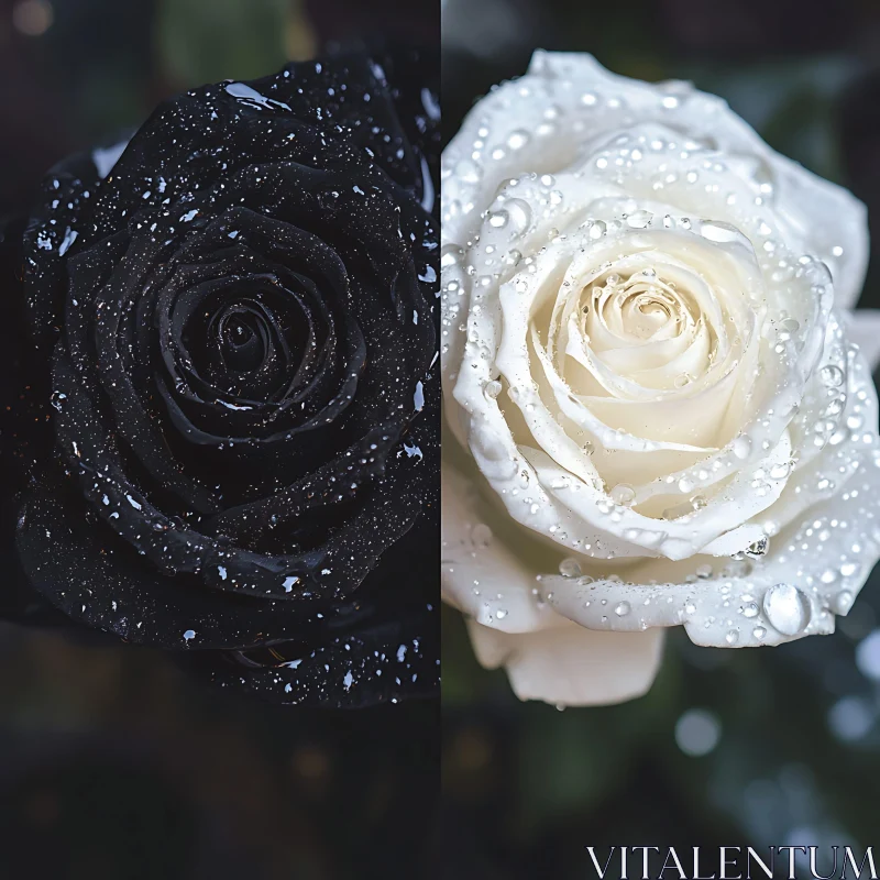 AI ART Black Rose and White Rose Close-Up with Water Droplets