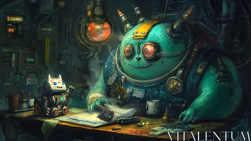 AI ART Steampunk Robot and Cat Companion