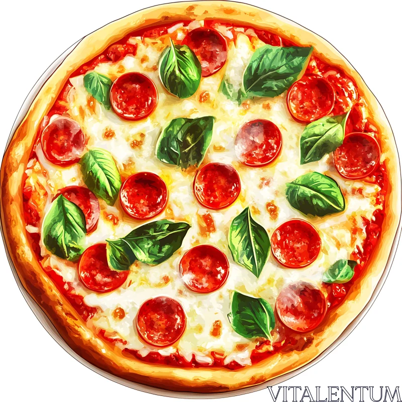 Tasty Pepperoni Pizza Topped with Fresh Basil Leaves AI Image