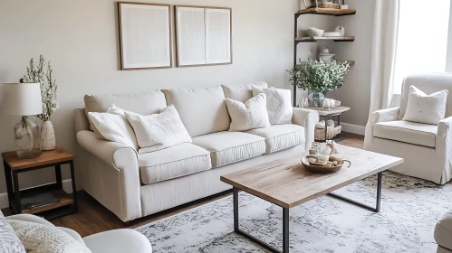 Comfortable Cream Couch with Wooden Table