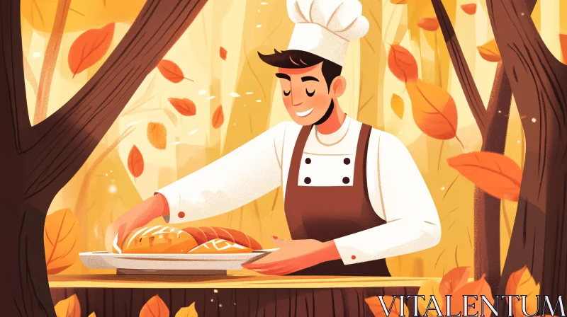 Chef with Bread in Autumn Forest AI Image