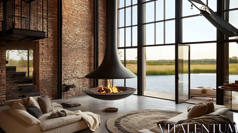 AI ART Stylish Interior with Suspended Fireplace and Lake