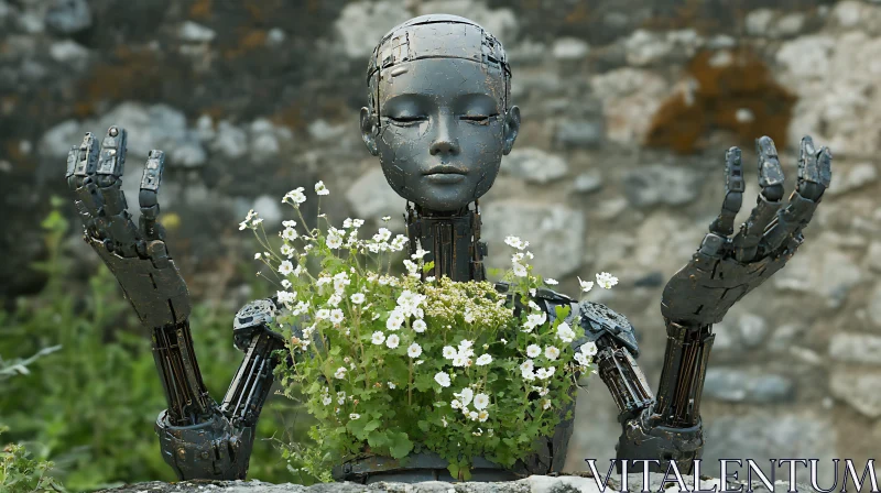 Robot Embracing Nature with Flowers AI Image